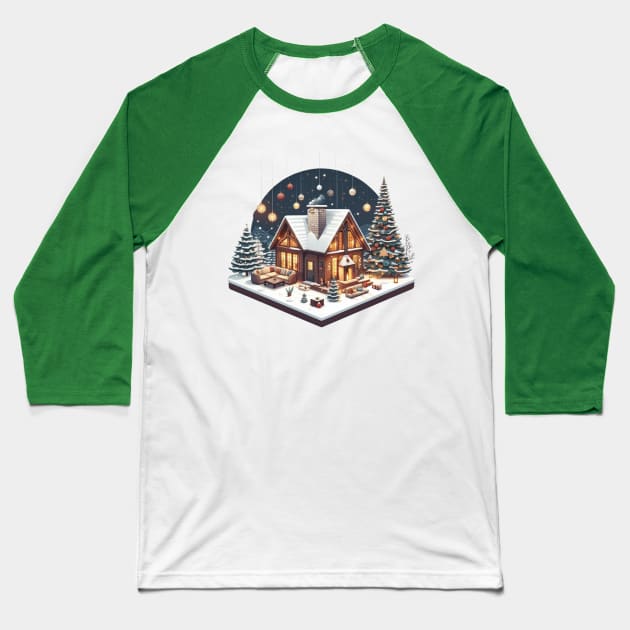 a warm and inviting cabin surrounded by a snowy landscape. there's elements like a crackling fireplace, decorated Christmas tree, and perhaps a family or group of friends enjoying the holiday season inside. Baseball T-Shirt by maricetak